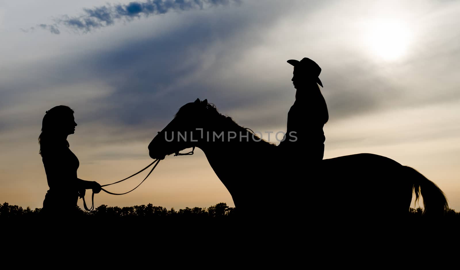 silhouette of two young girls with hat and horse on sunset background