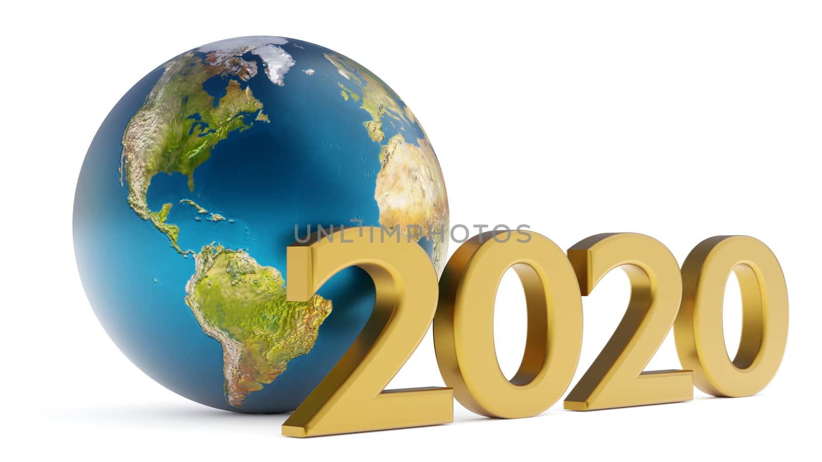 Yearr 2020 and globe america 3d illustration over white