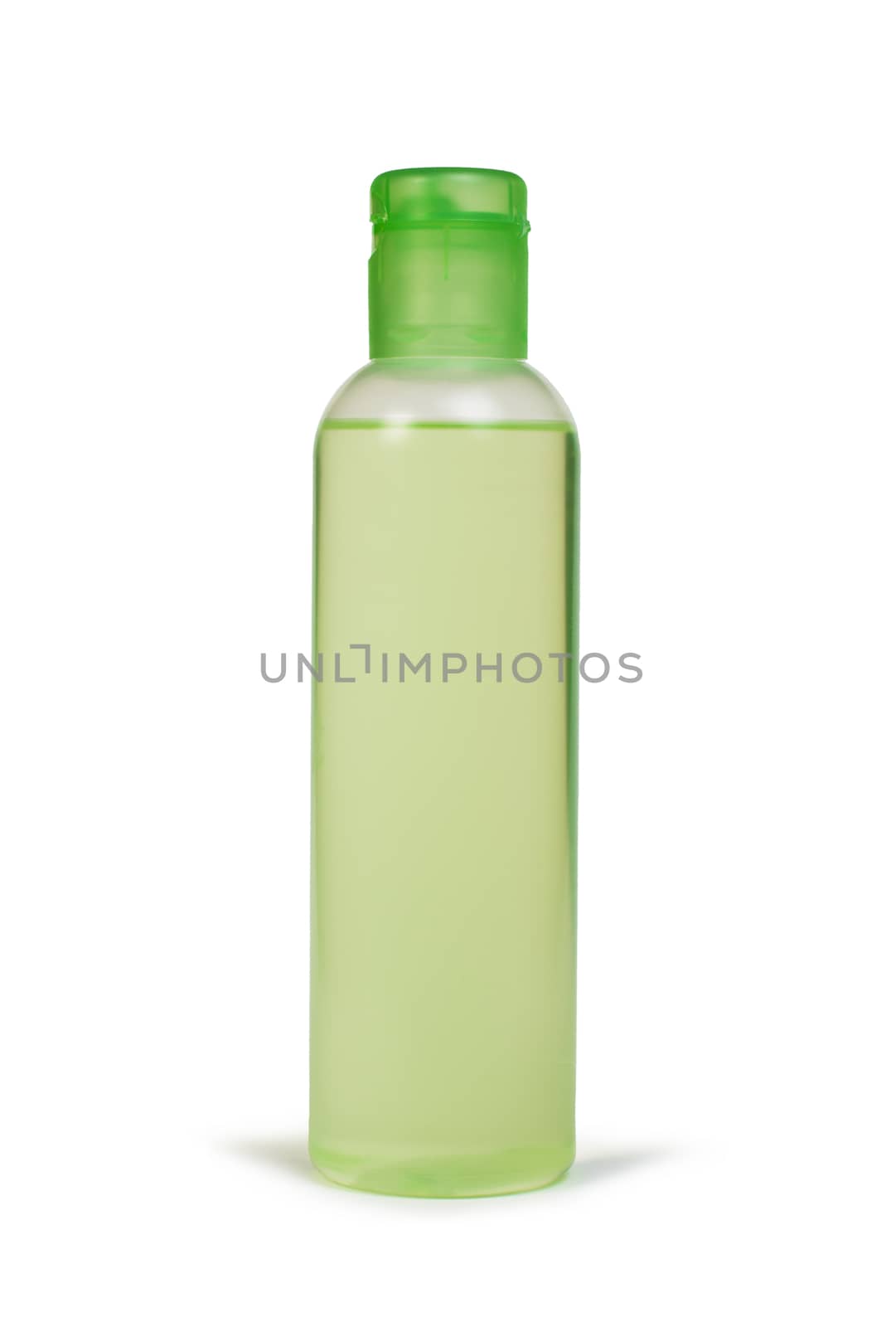 Green transparent cosmetic bottle. White isolated