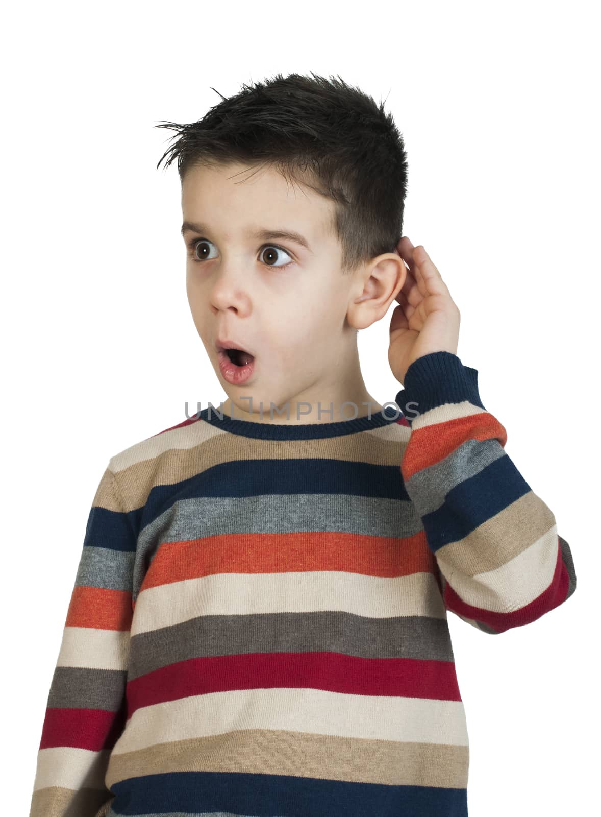 Child listening with ear. White isolated studio shot