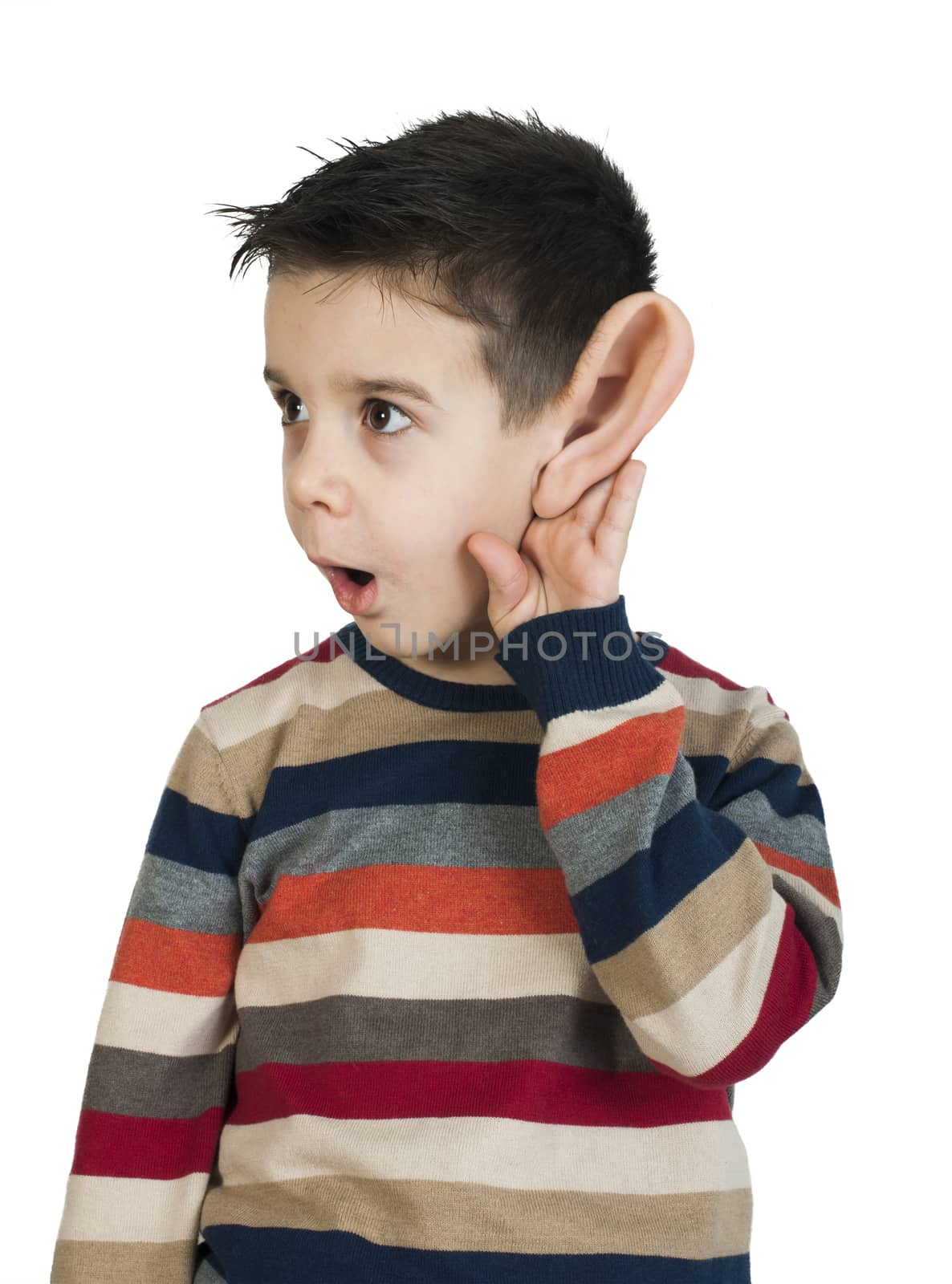 Child listening with ear. White isolated studio shot