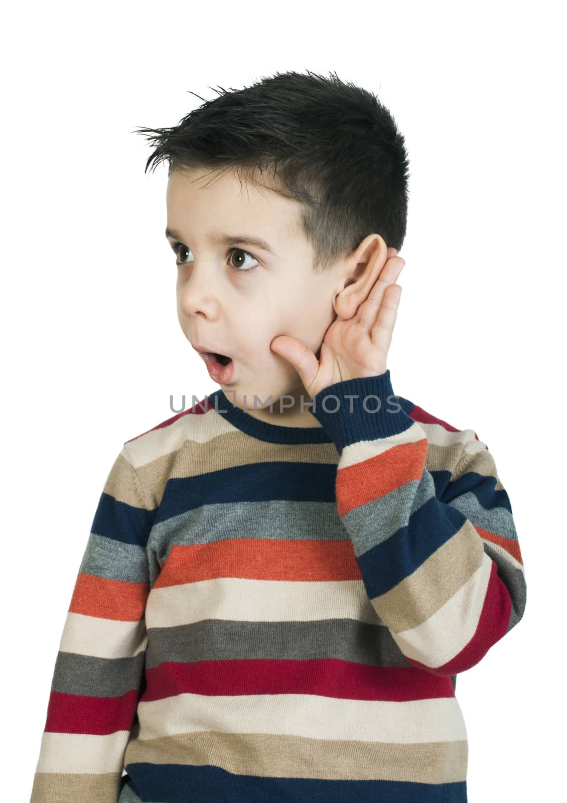 Child listening with ear. White isolated studio shot