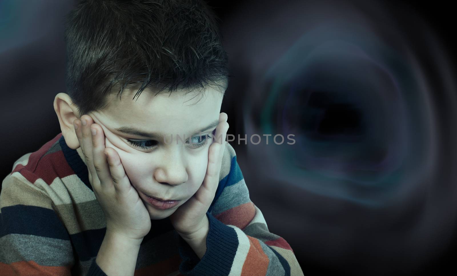 Sad child has problems. Black abstract shapes background deep