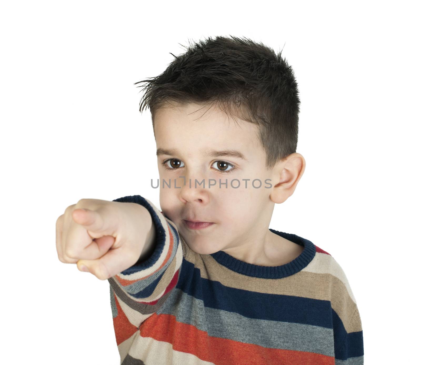 Child points his finger. White isolated