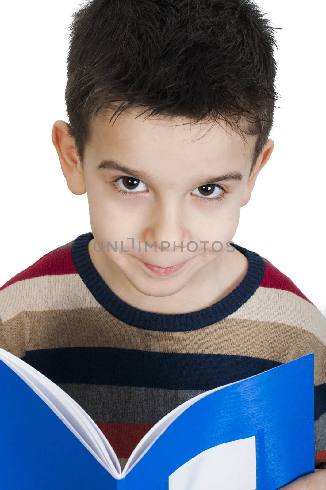 Child with notebook in front of the face. White isolated