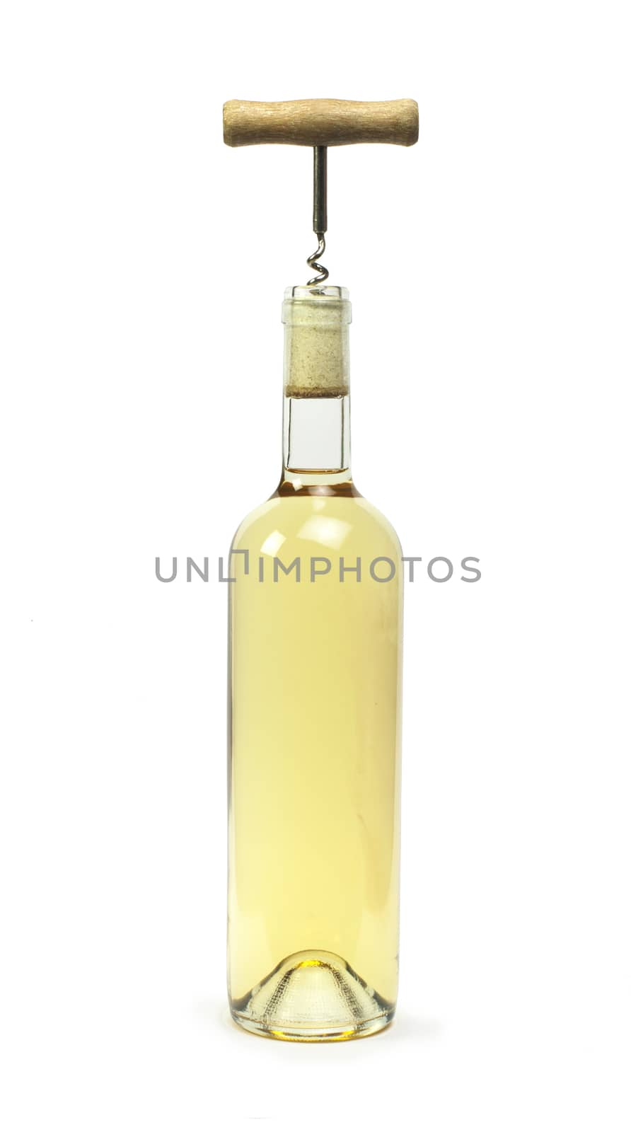 A bottle of white wine and a corkscrew. White isolated