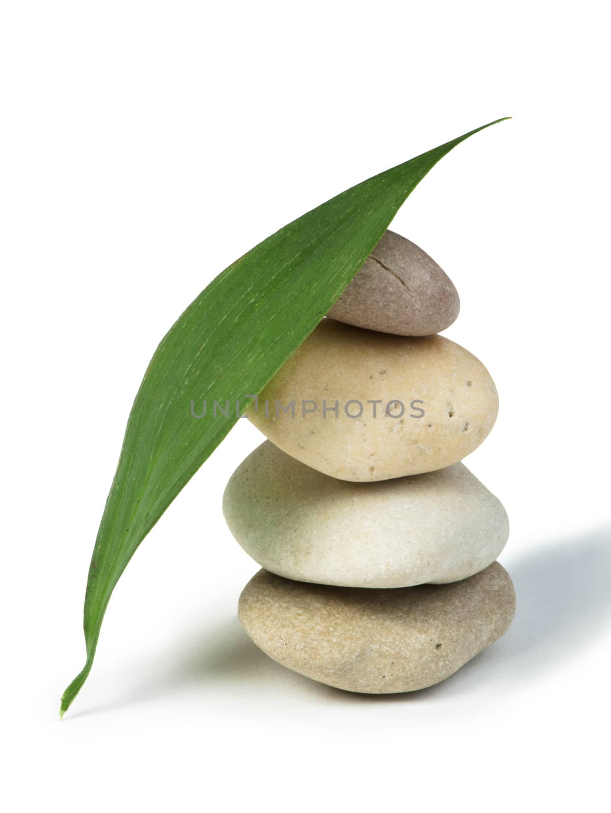 Stacked stones and green leafs on white background