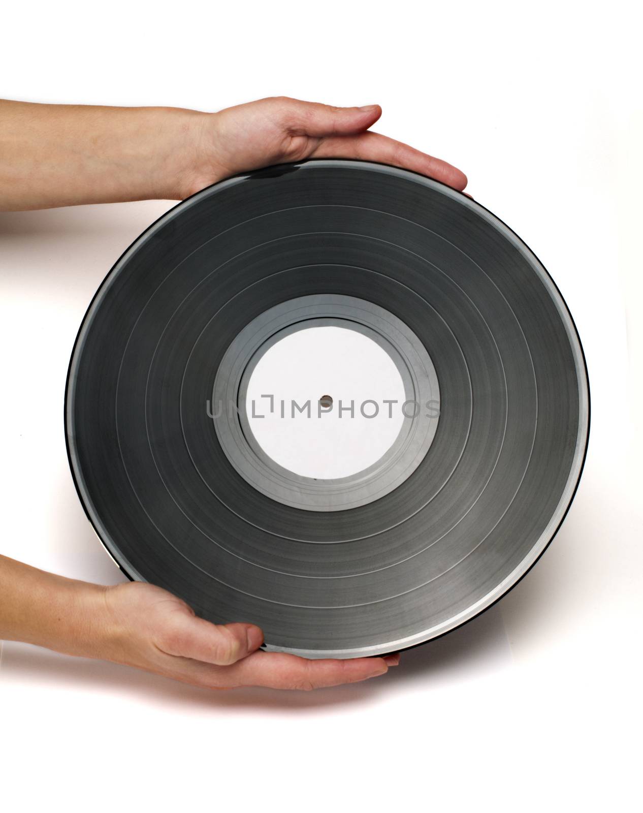 Two hands hold Vinil Record white isolated.