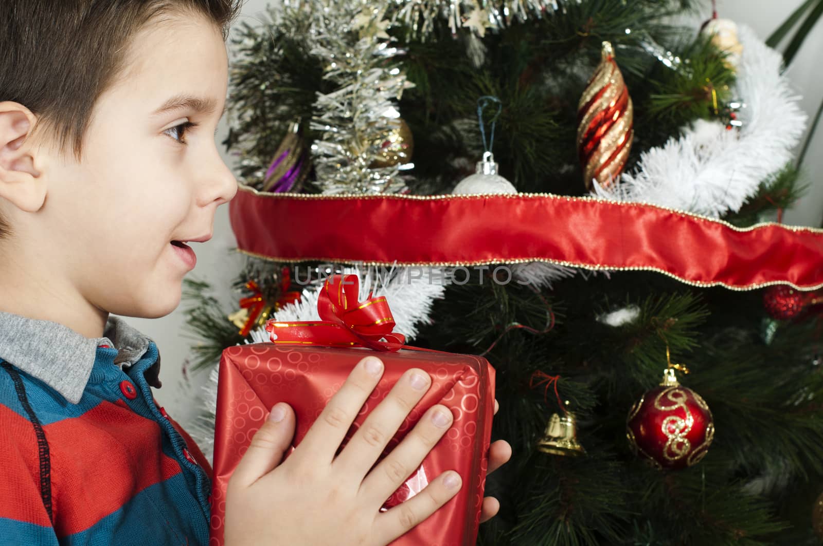 Happy child receive the gift of Christmas in front of the Christmas tree.