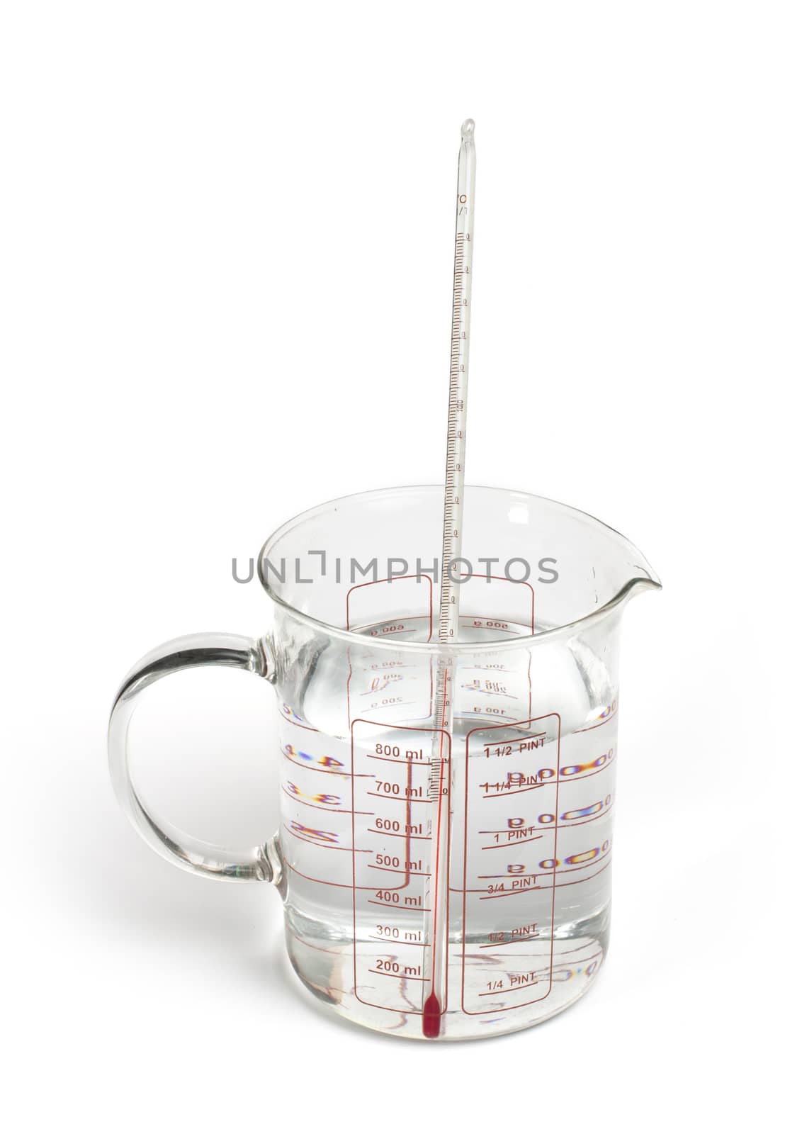 Thermometer measures the temperature of the water in beaker with scale.