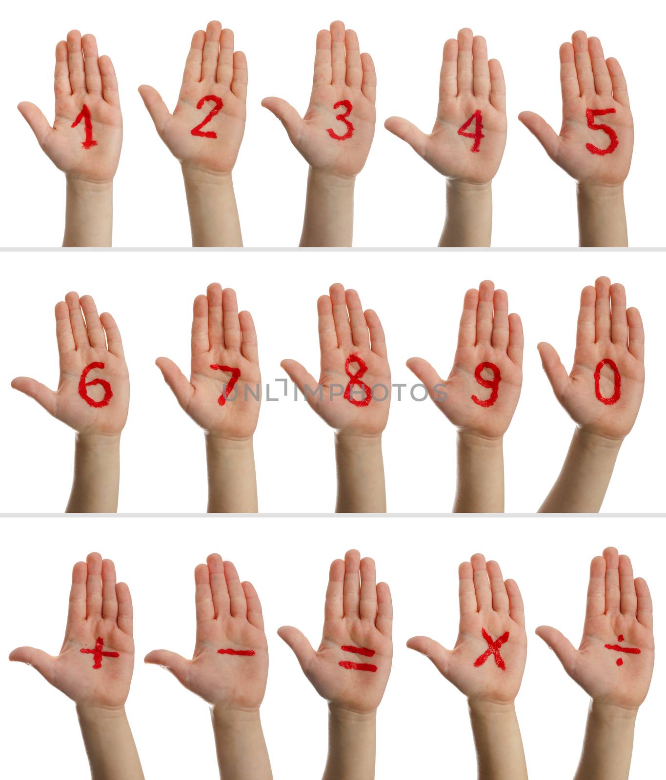 Children's hands with red color numbers and mathematical symbols.