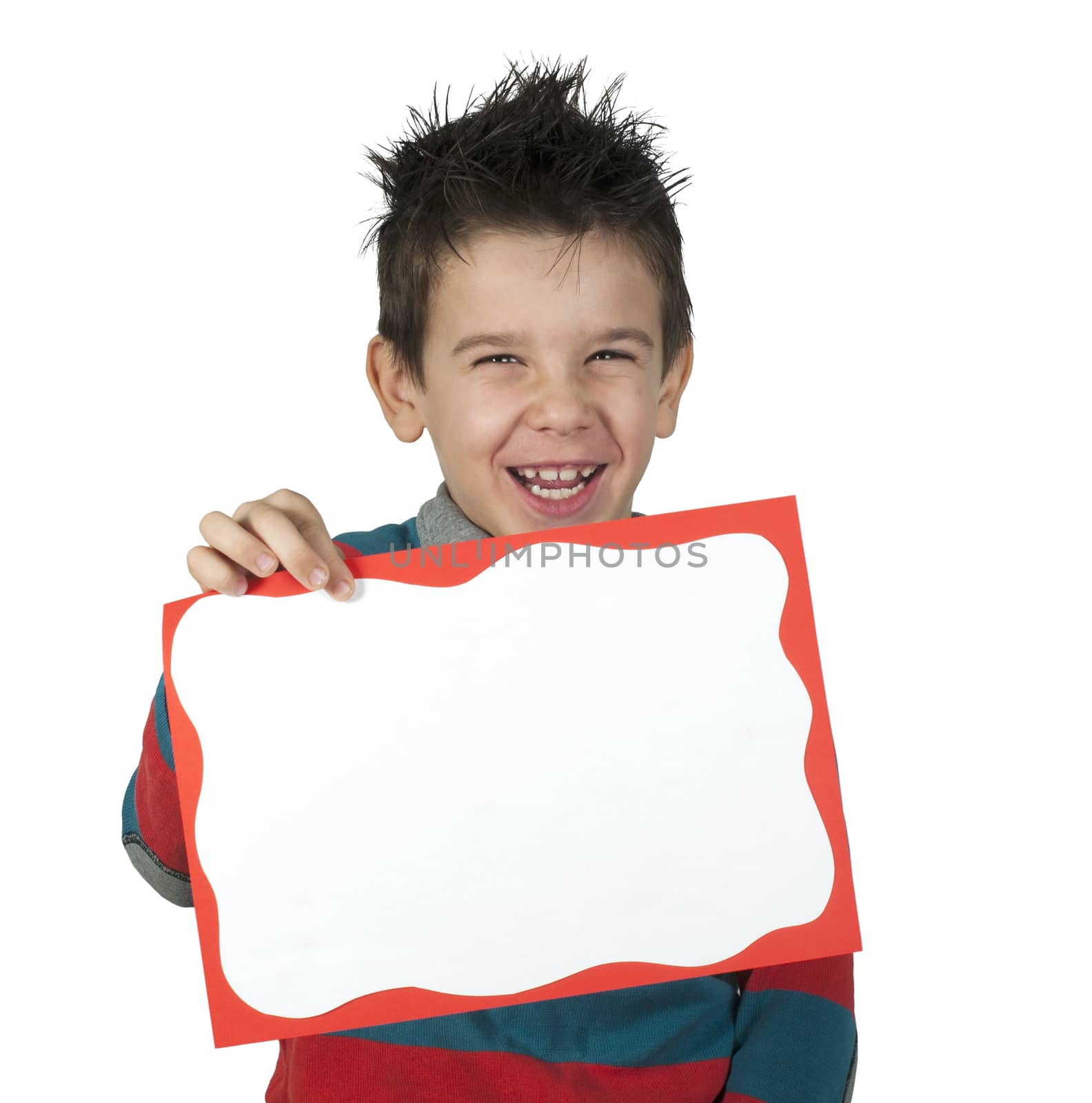 Boy who laughs and holds white board. White copy spice