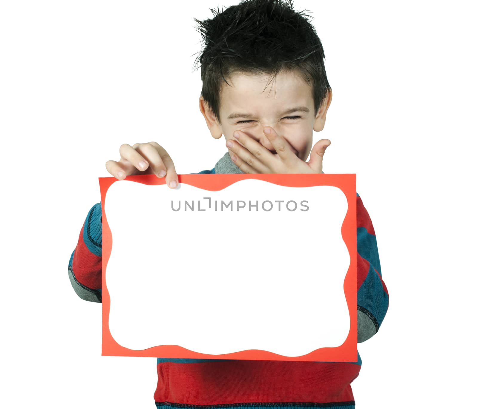 Boy who laughs and holds white board by deyan_georgiev