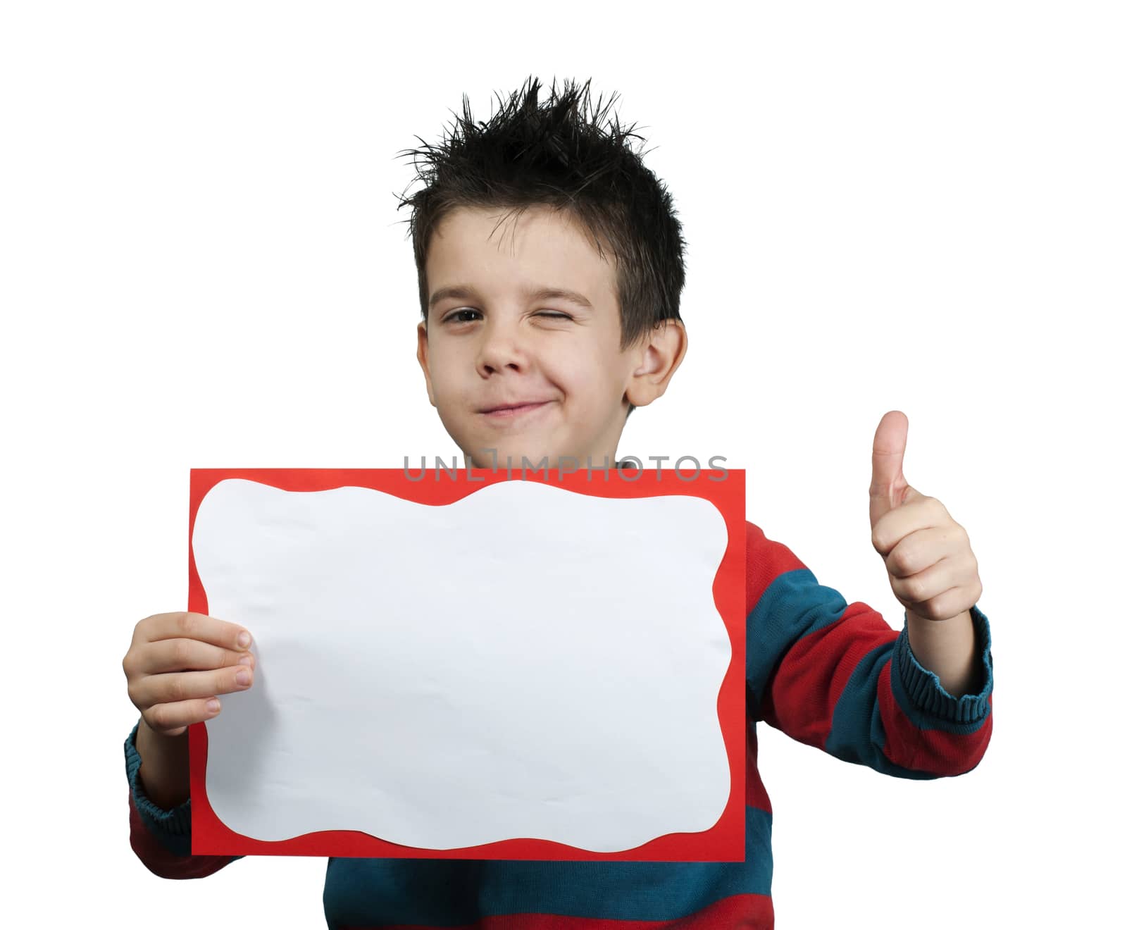 Little boy showing okay symbol. Holding white board.