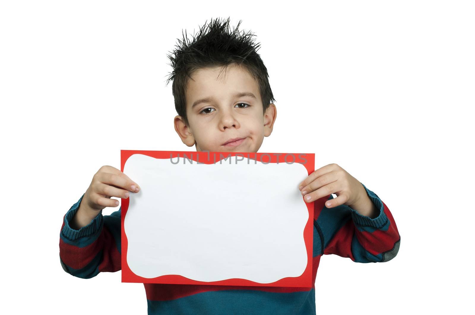 Unhappy Boy who holds white board.  White copy spice