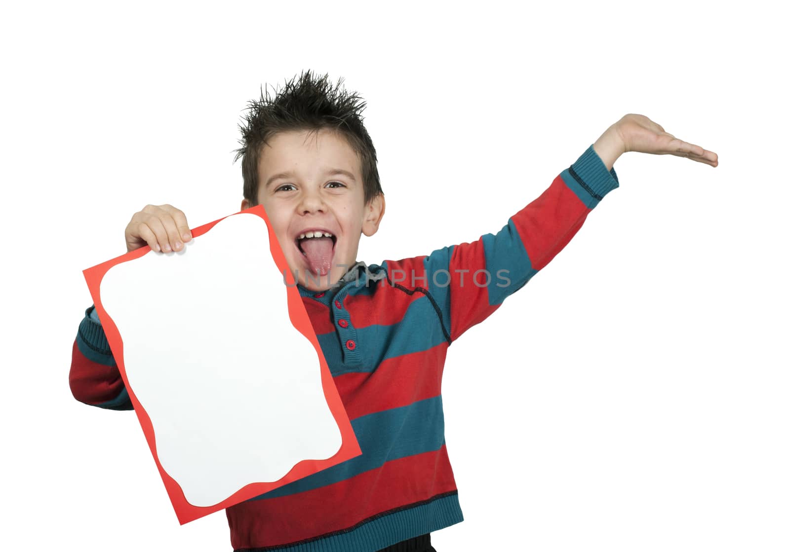 Boy who laughs and holds white board. White copy spice