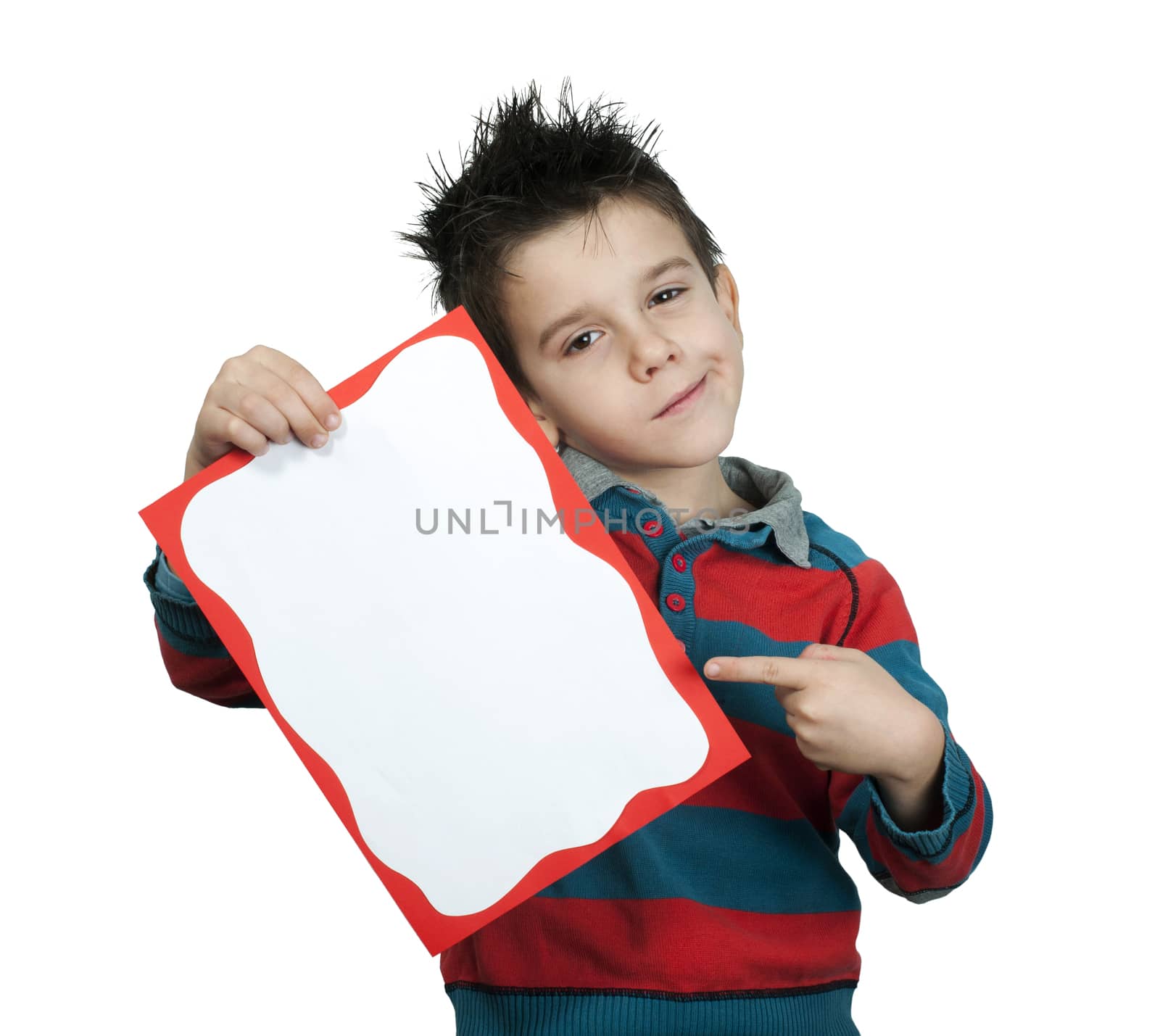 Little boy points whiteboard. White copy spice