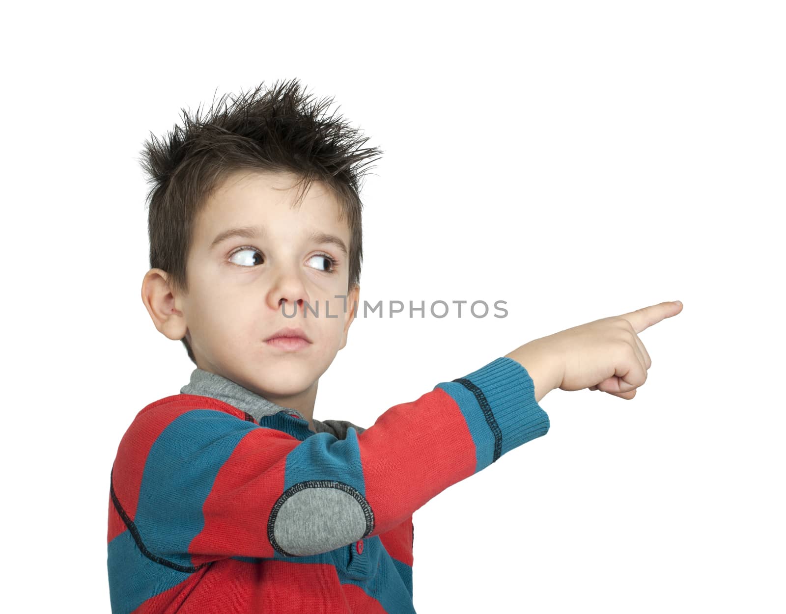 Little boy who points a finger. White isolated