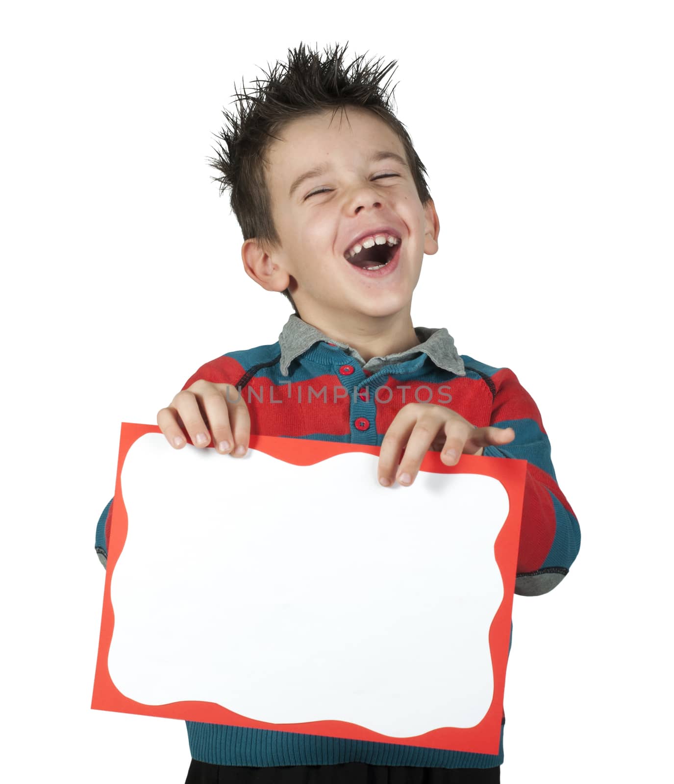 Boy who laughs and holds white board by deyan_georgiev