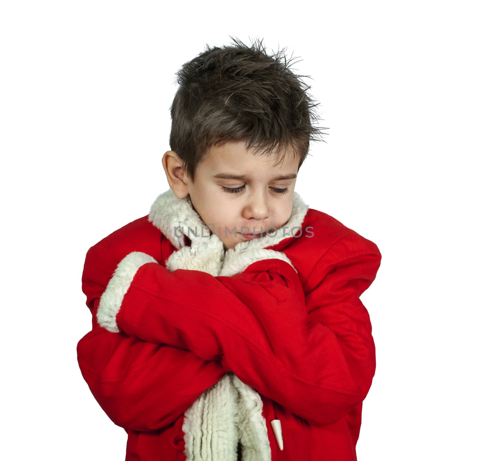 Little boy dressed with Santa suit. White isolated