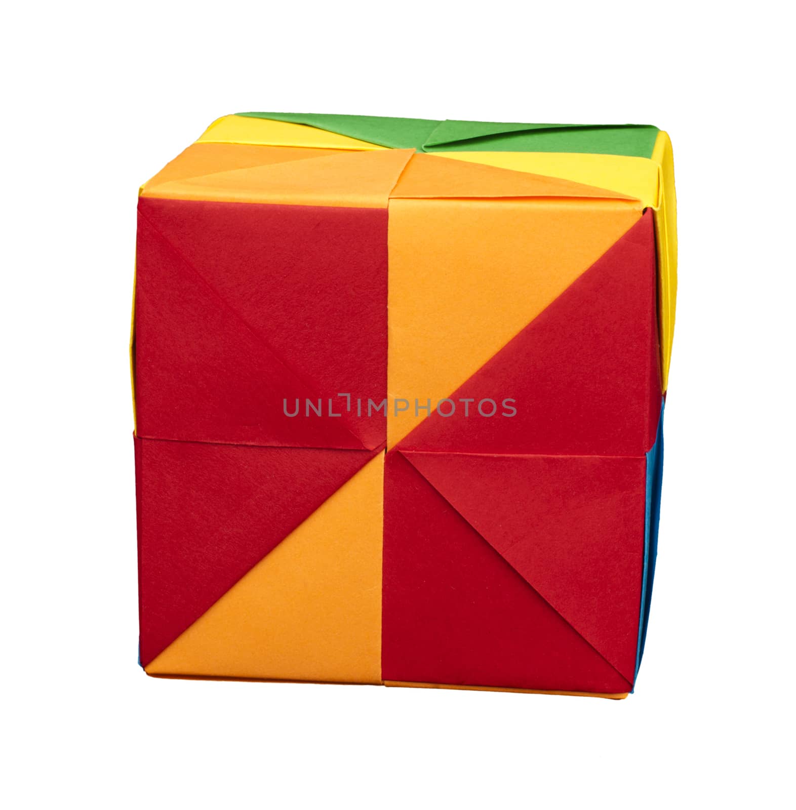Paper made multi colored patterned cubes folded origami style.