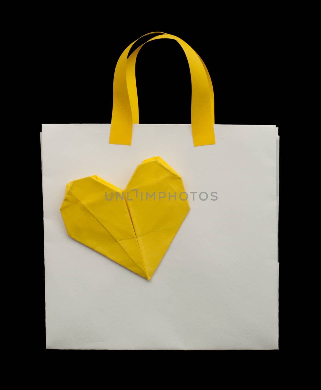 Yellow and white shopping bag with yellow heart.