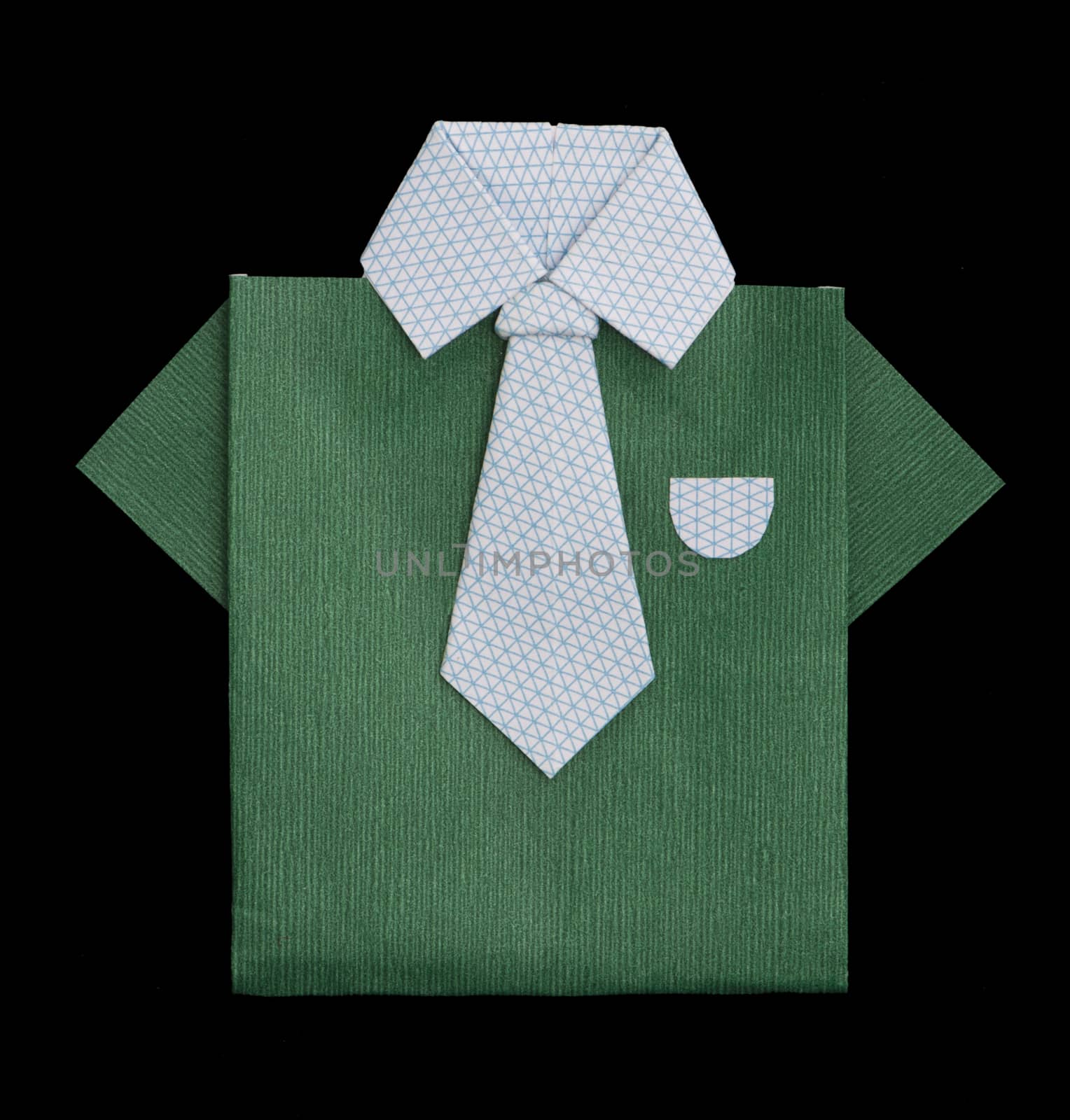 Isolated paper made green shirt with white tie.Folded origami style