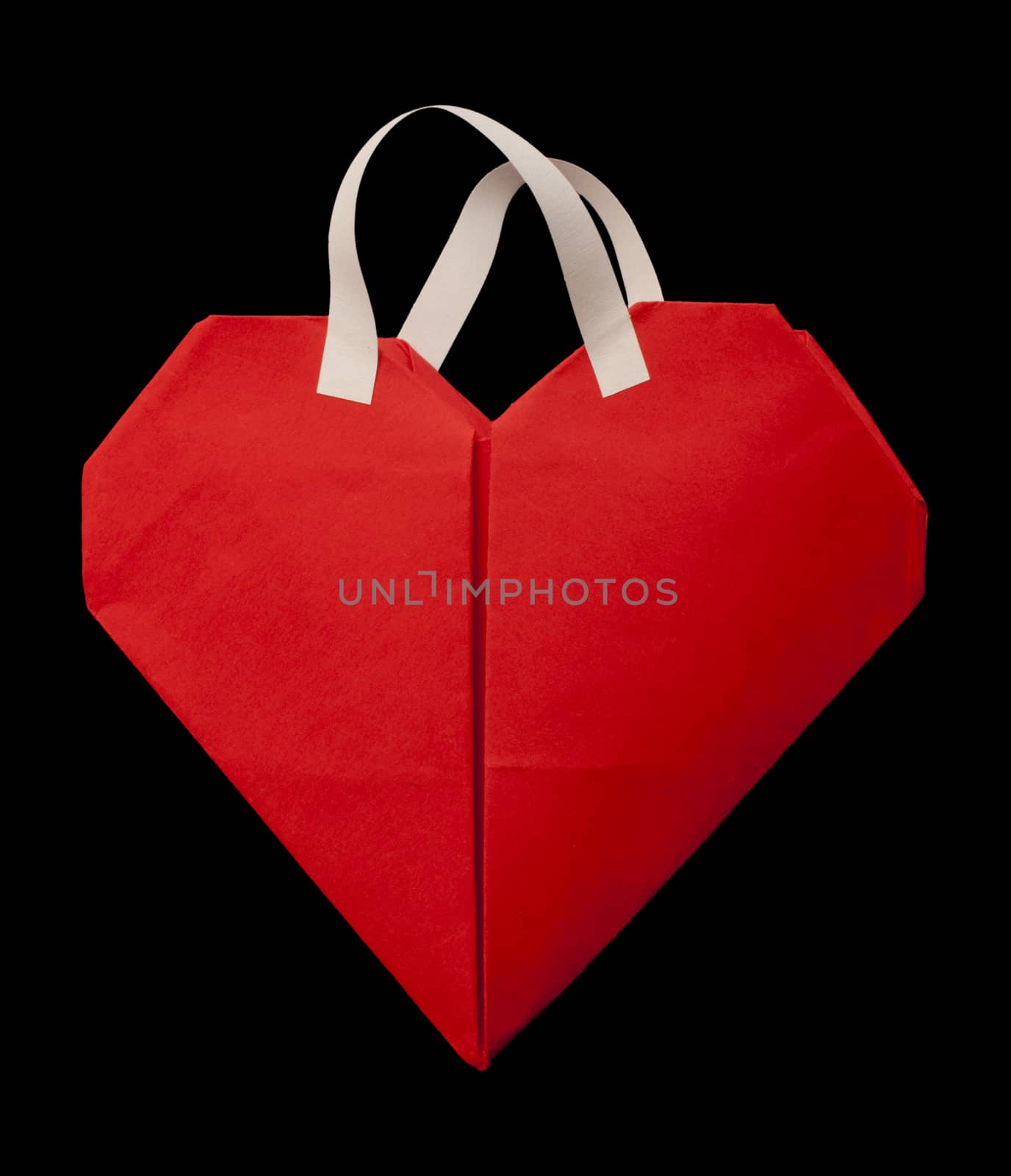 Red heart shopping bag with white handles.