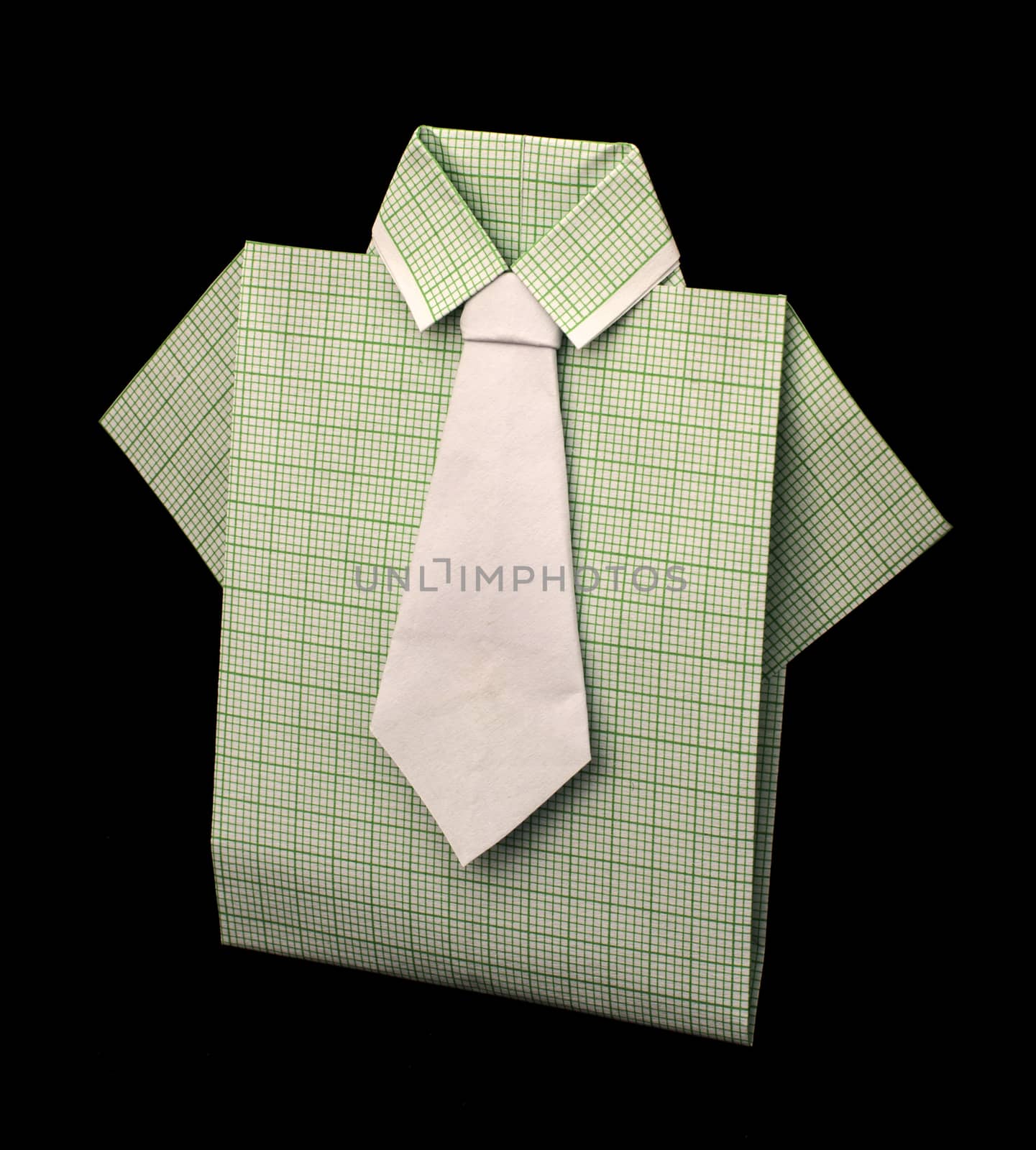 Isolated paper made green plaid shirt.Folded origami style