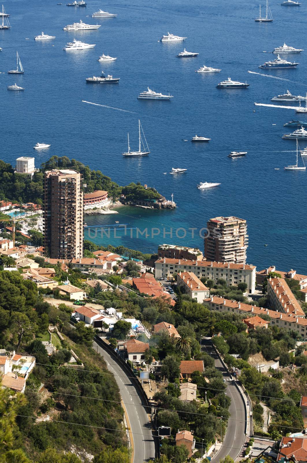 View of Monaco and many yachts in the bay