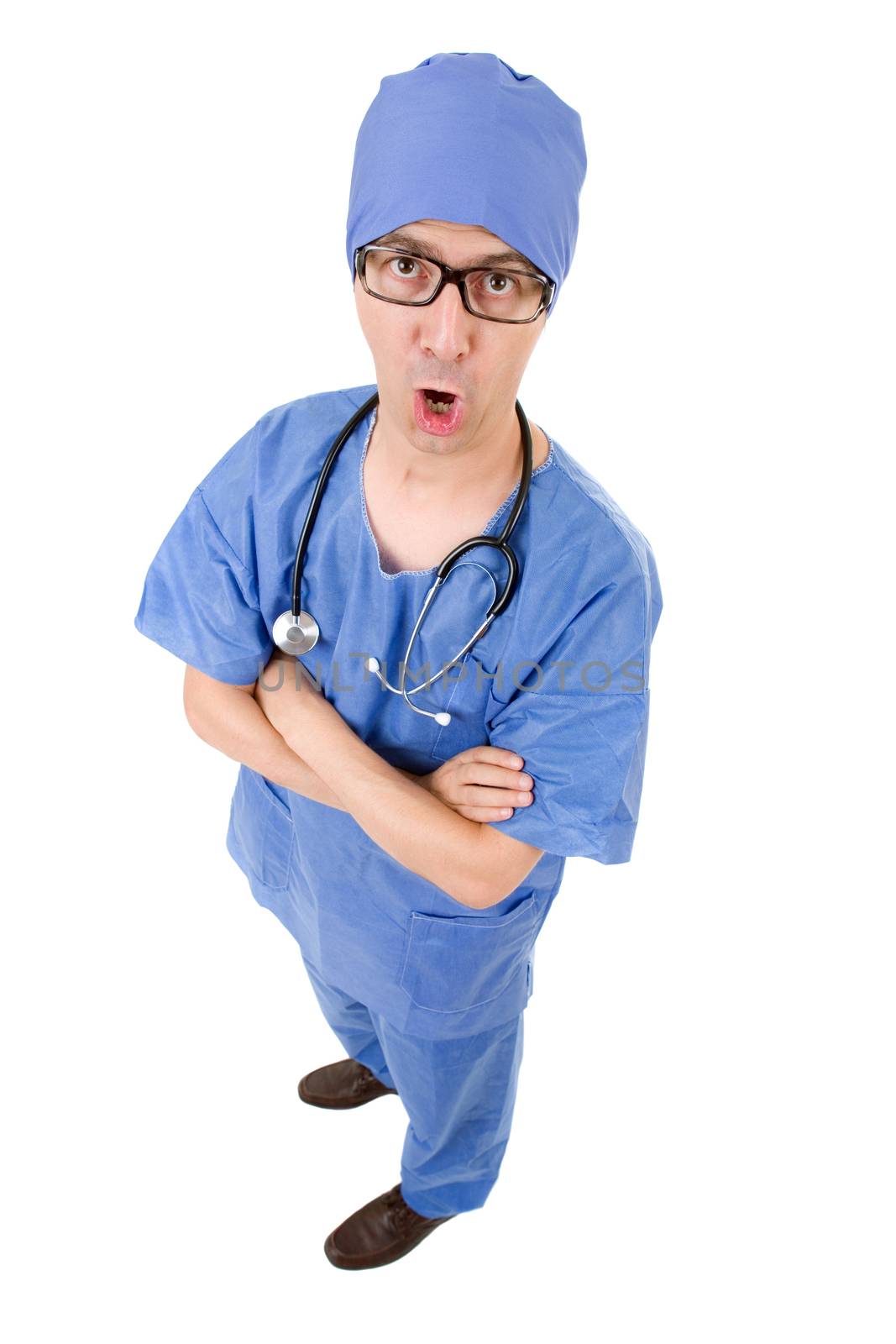 young male doctor full length, isolated on white background