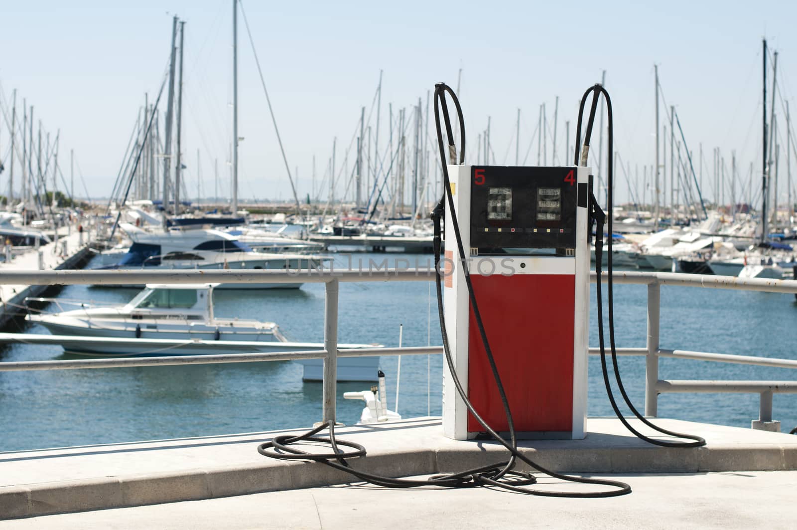 Marina petrol station. Yachts and gas dispenser