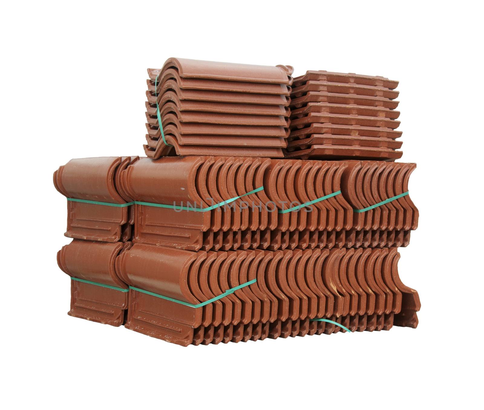 Pile of roofing tiles packaged. Isolated on white