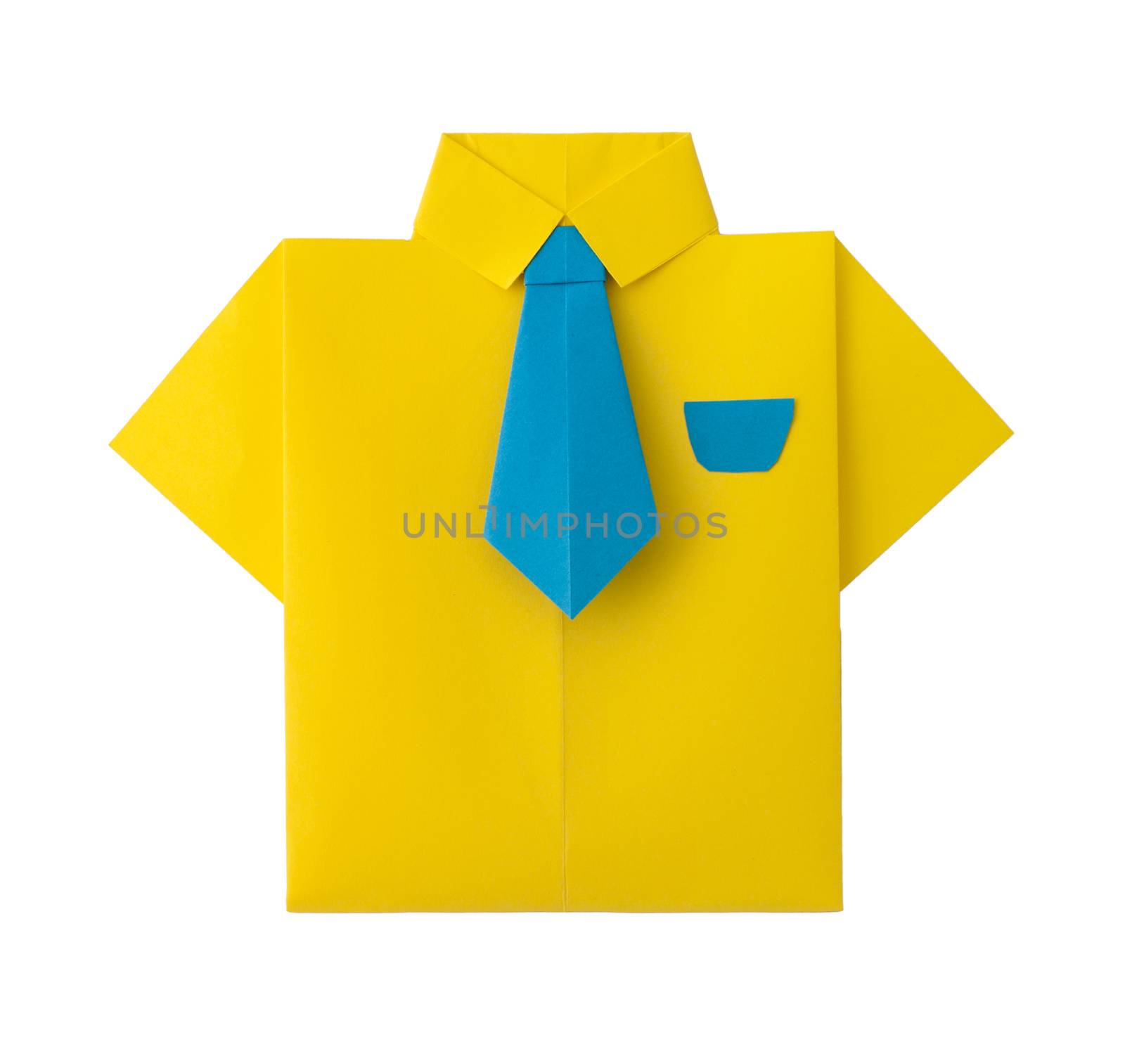 Origami yellow shirt with tie. White isolated