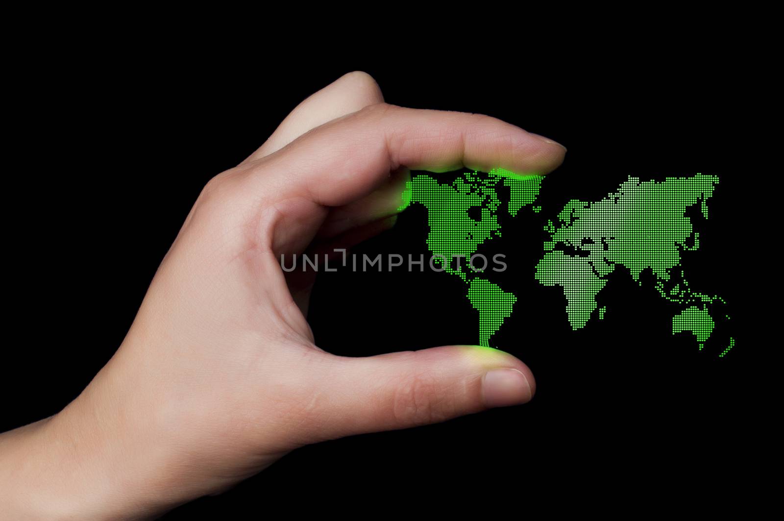 Dot World map business background. Hand holding World map