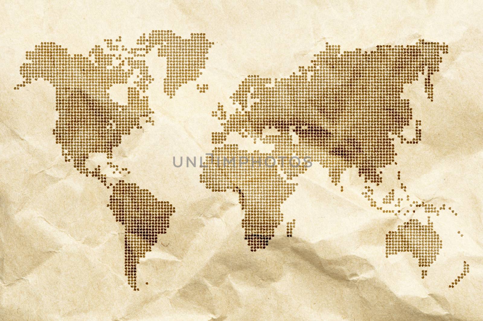 Dot World old style map background. Crumpled old paper