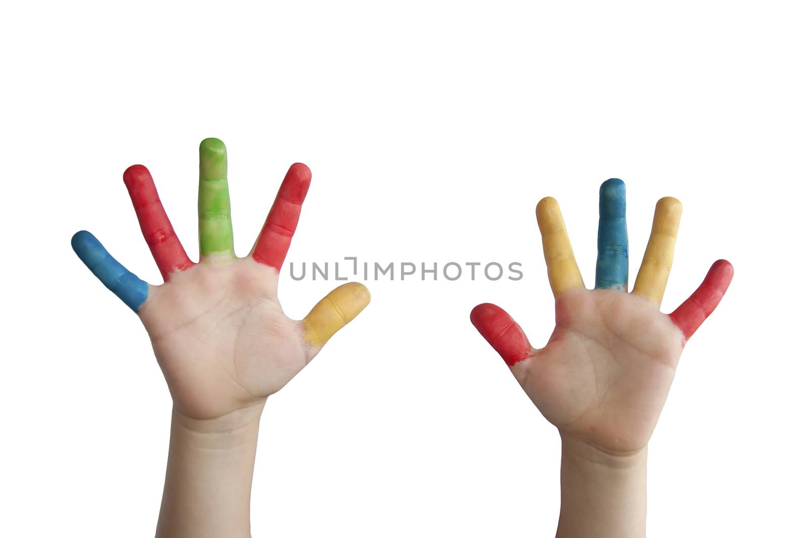 Children colored hands. White isolated