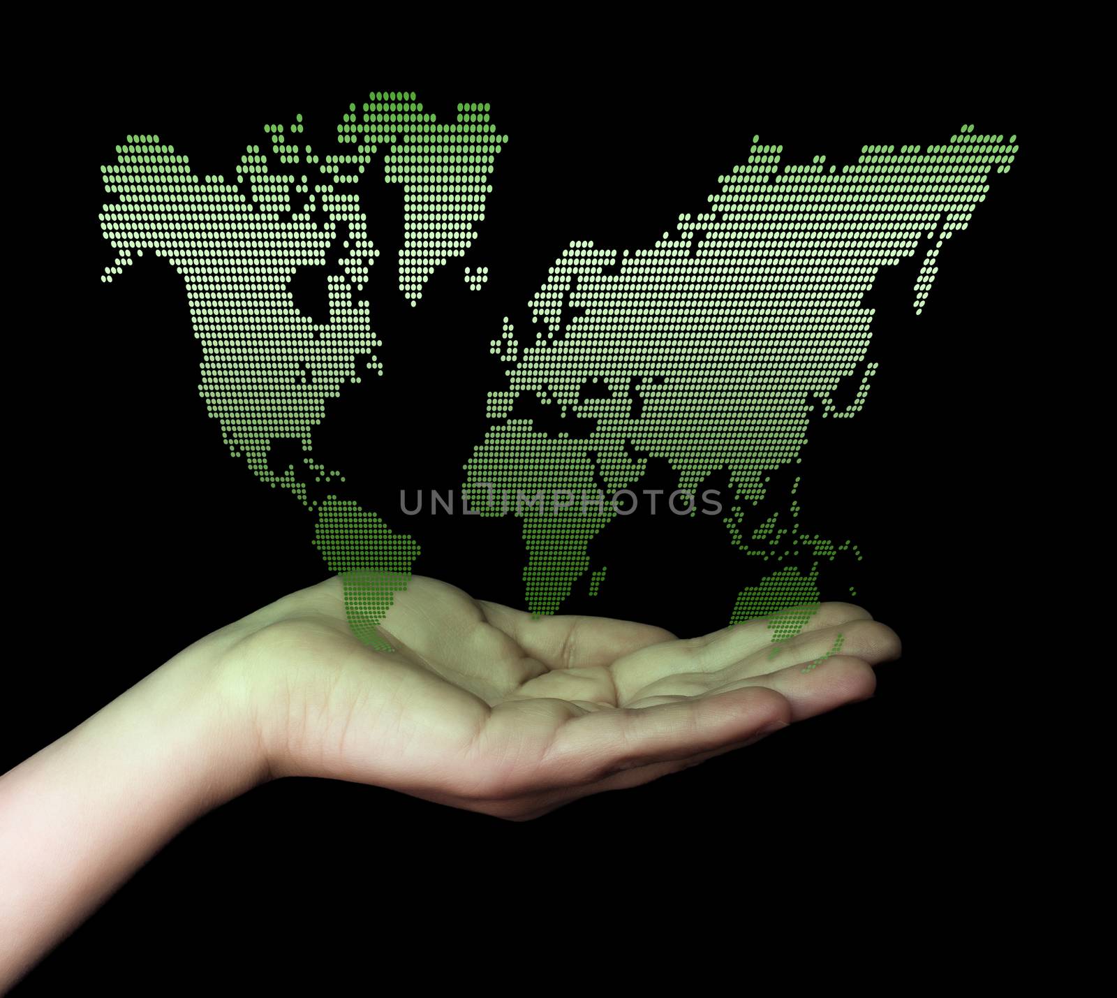 Dot World map business background. Hand holding World map