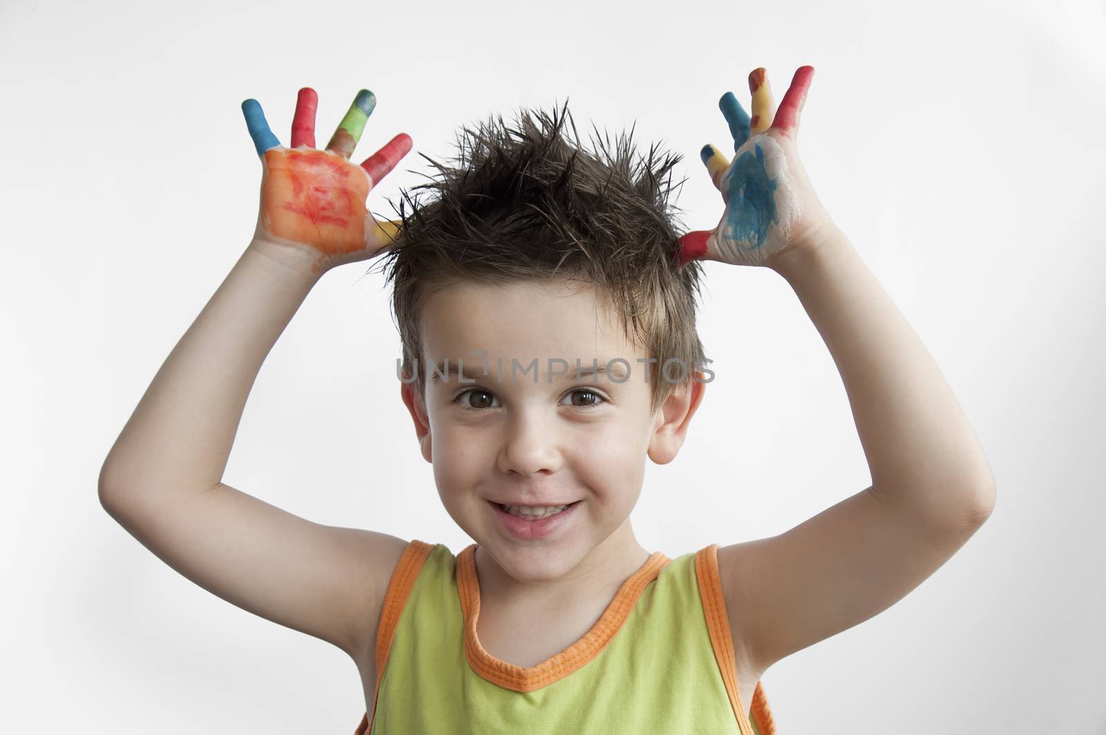 Children colored hands. Little boy hands.White isolated