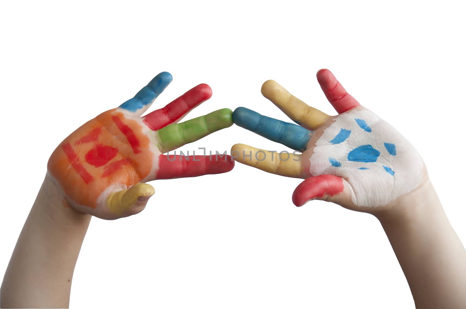 Children colored hands. White isolated