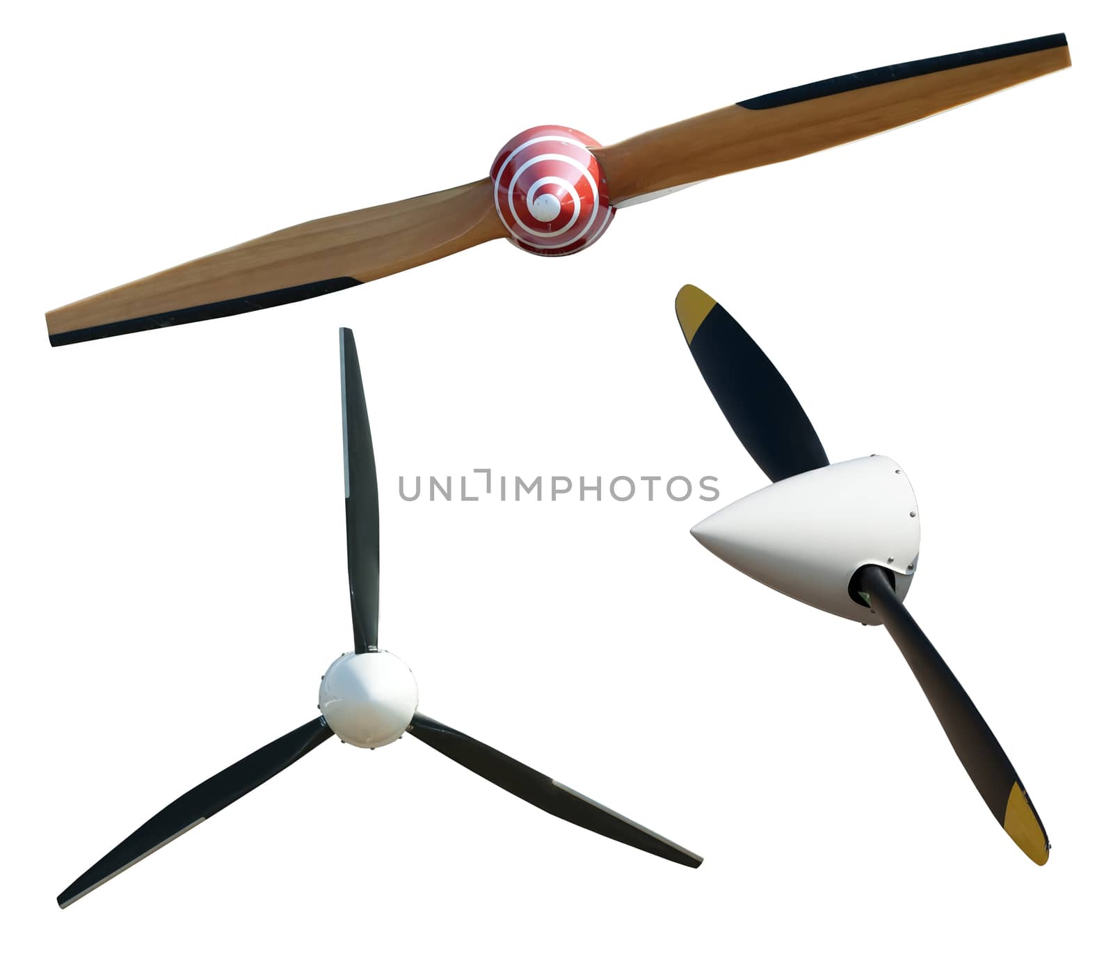 Tree airplane propeller white isolated.