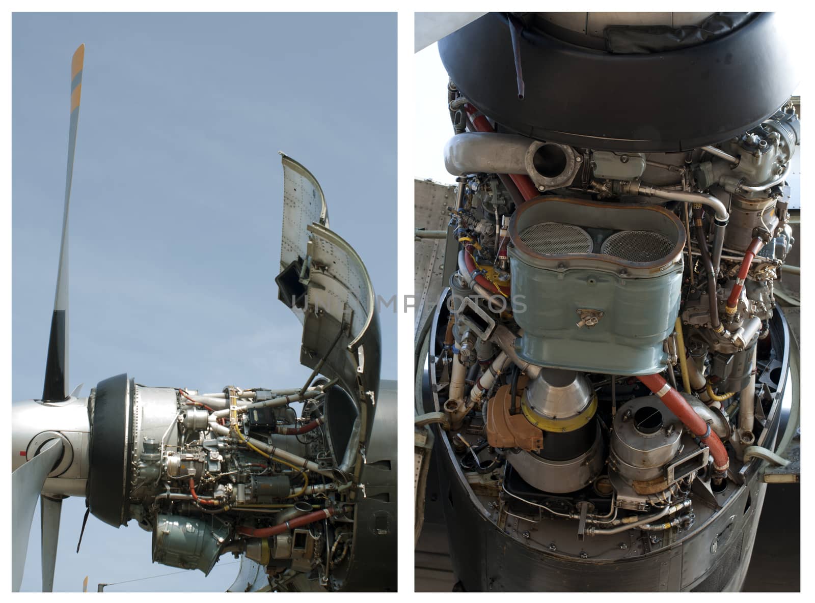 Plane disassembled engine. Two vertical images