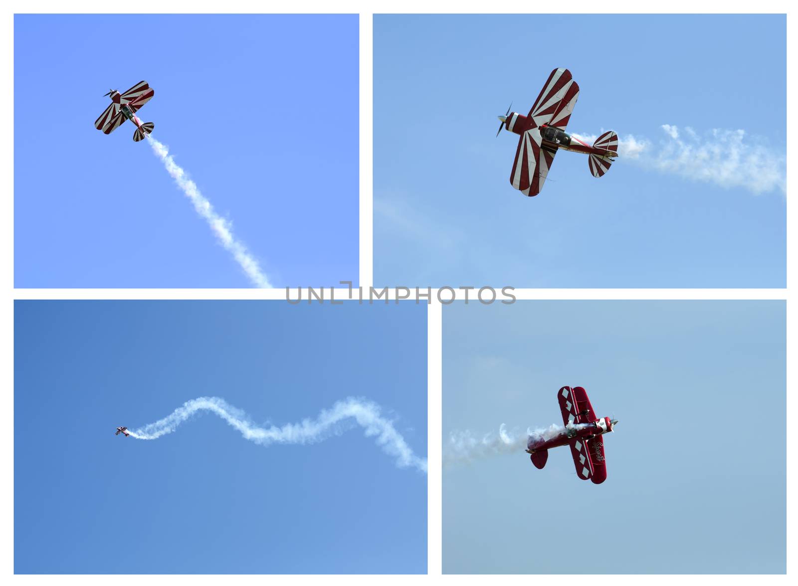 Red plane looping in a blue sky. Lot of four images