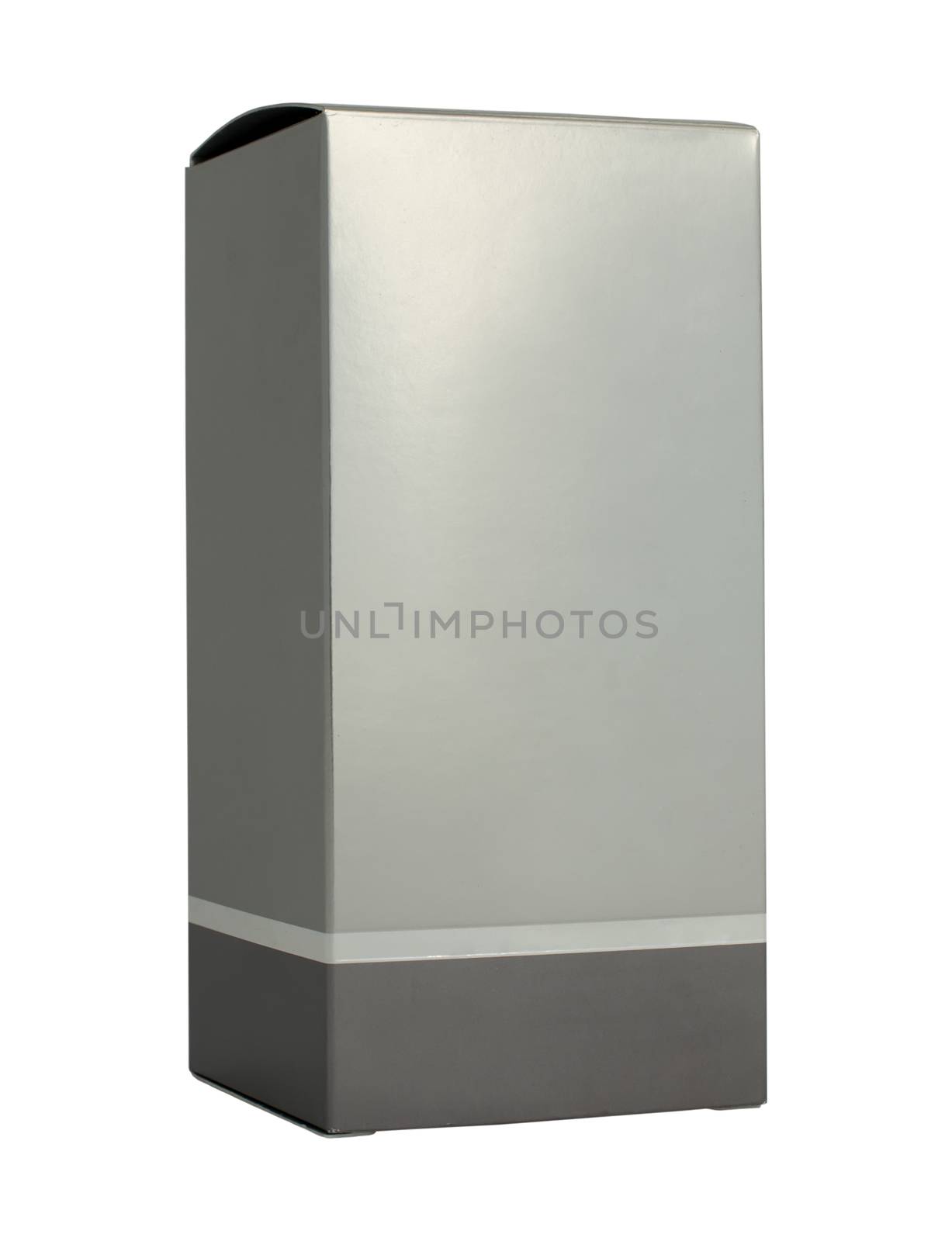 Grey box packaging. Paper made silver color. White isolated