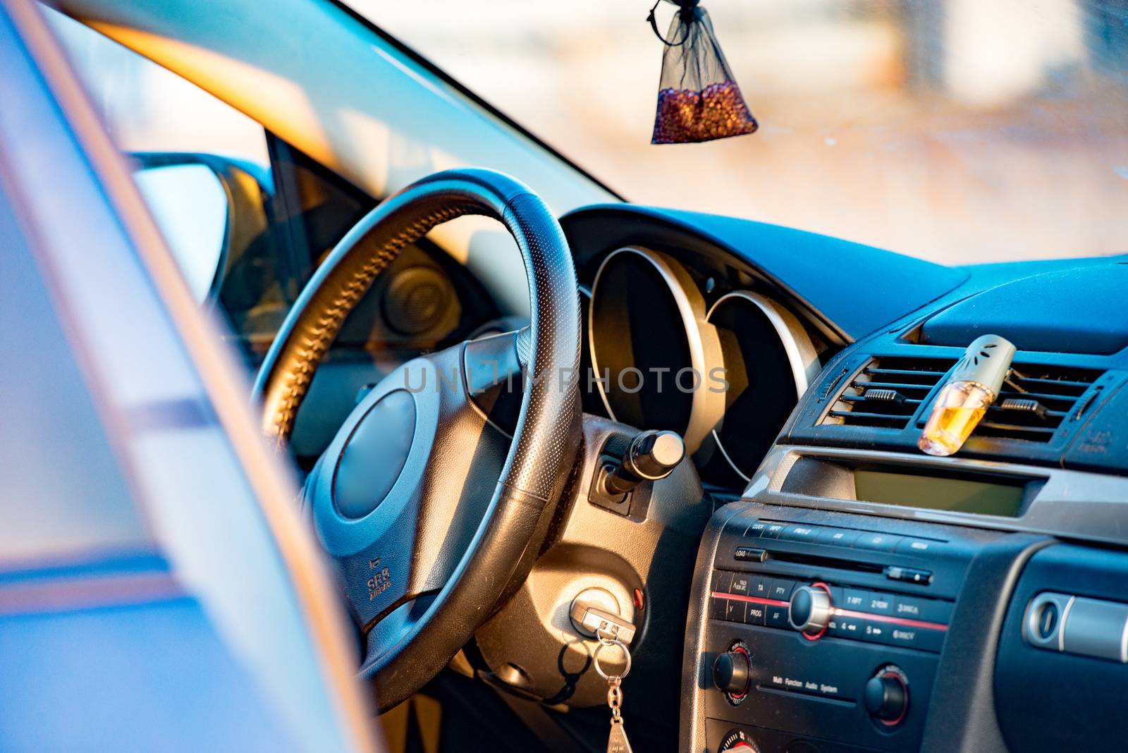 Interior view of car focus on the steering wheel