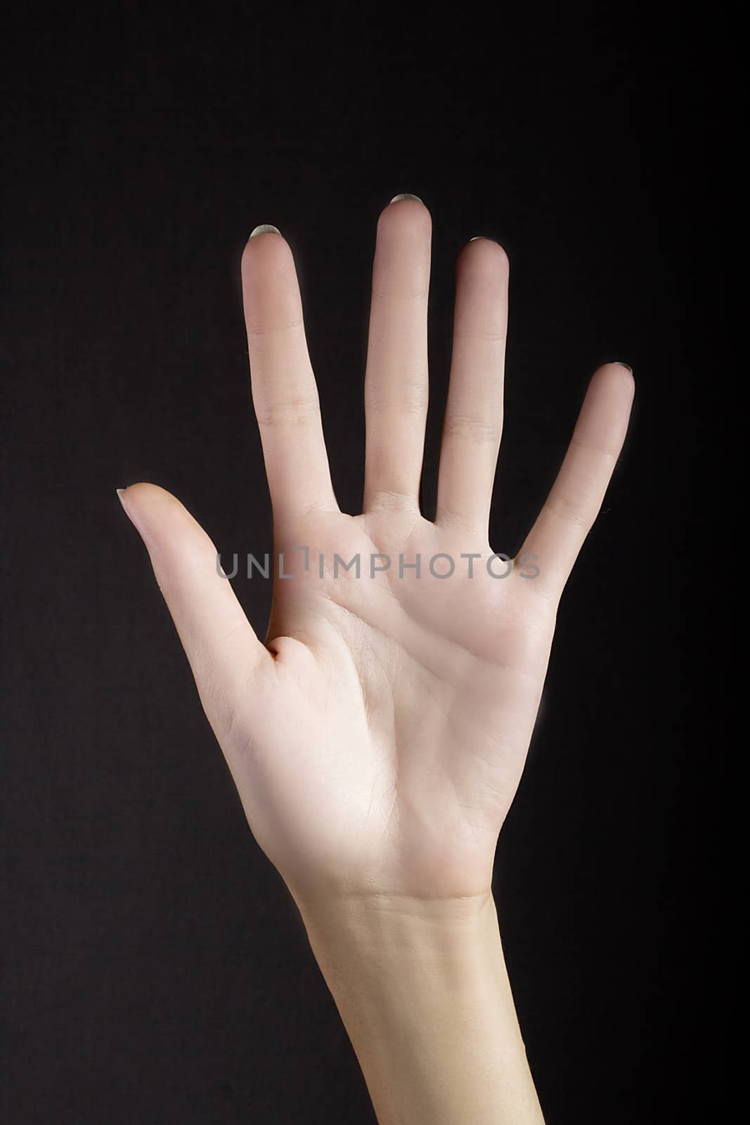 Female hand with spread fingers on a black background