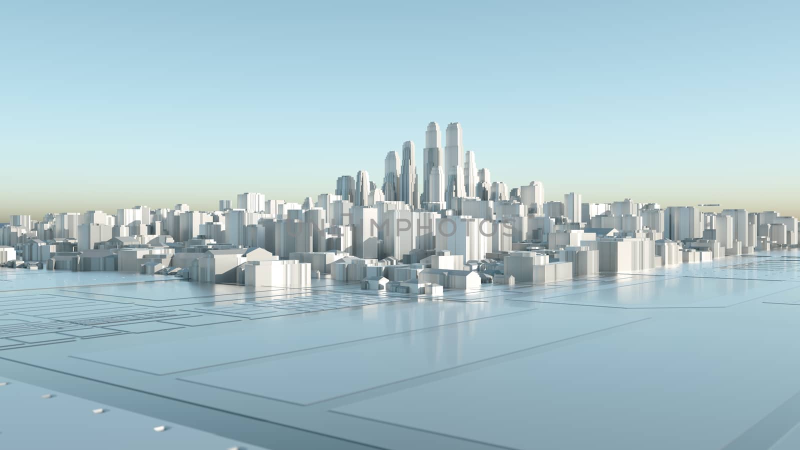 Abstract Modern High Quality City Panorama in Sunny Day. Technology Surface. 3D illustration. Sky background