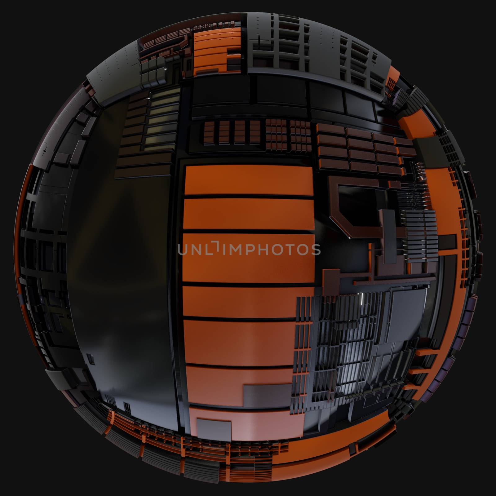 Abstract Hardsurface Sci-Fi Technology Sphere. Space Station Or Spaceship. 3D renderingor 3D illustration. Isolate on Drak background