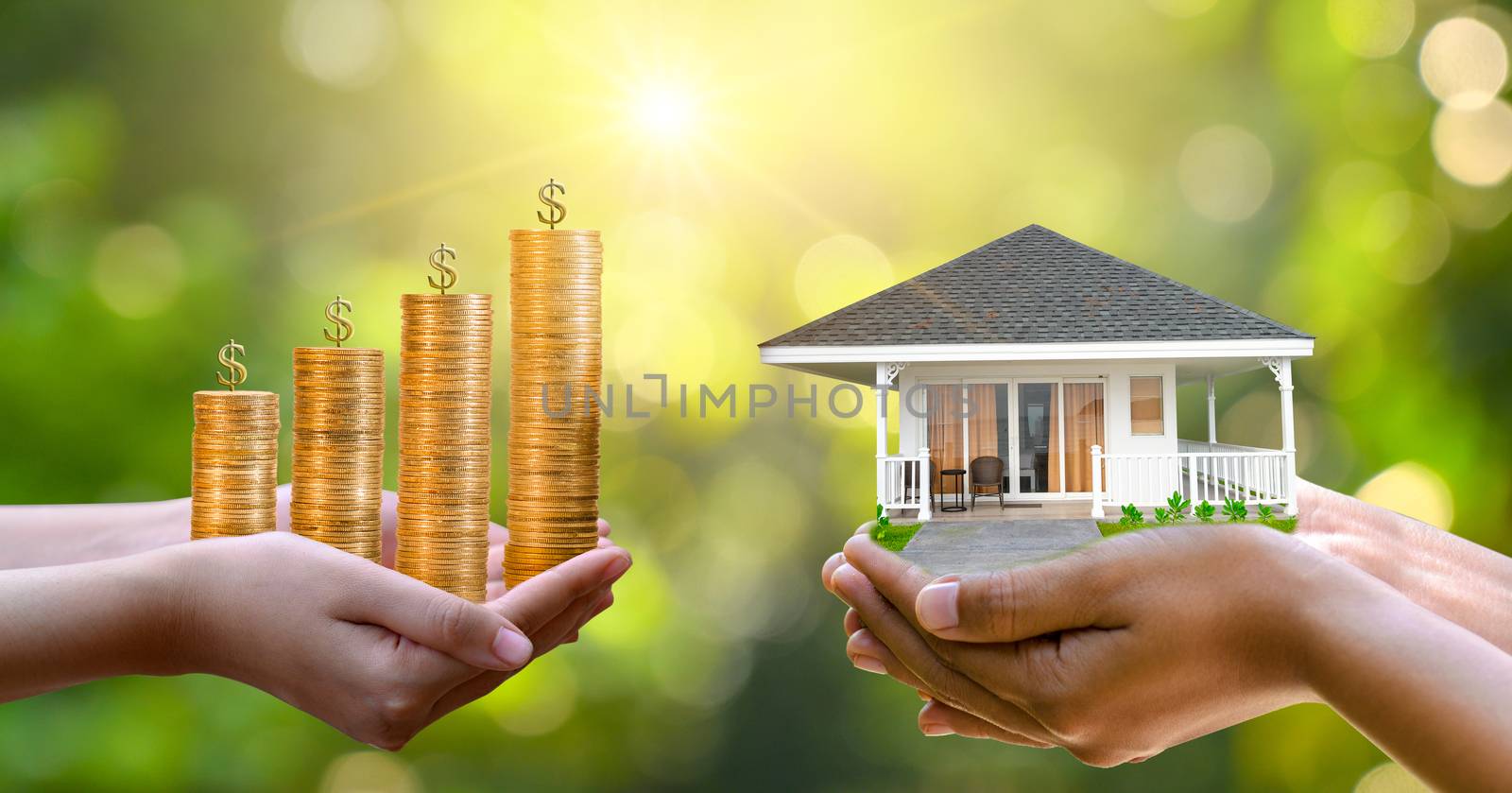 The hands of a businessman hold money and the other hand holds a house. The idea of saving money to buy a house