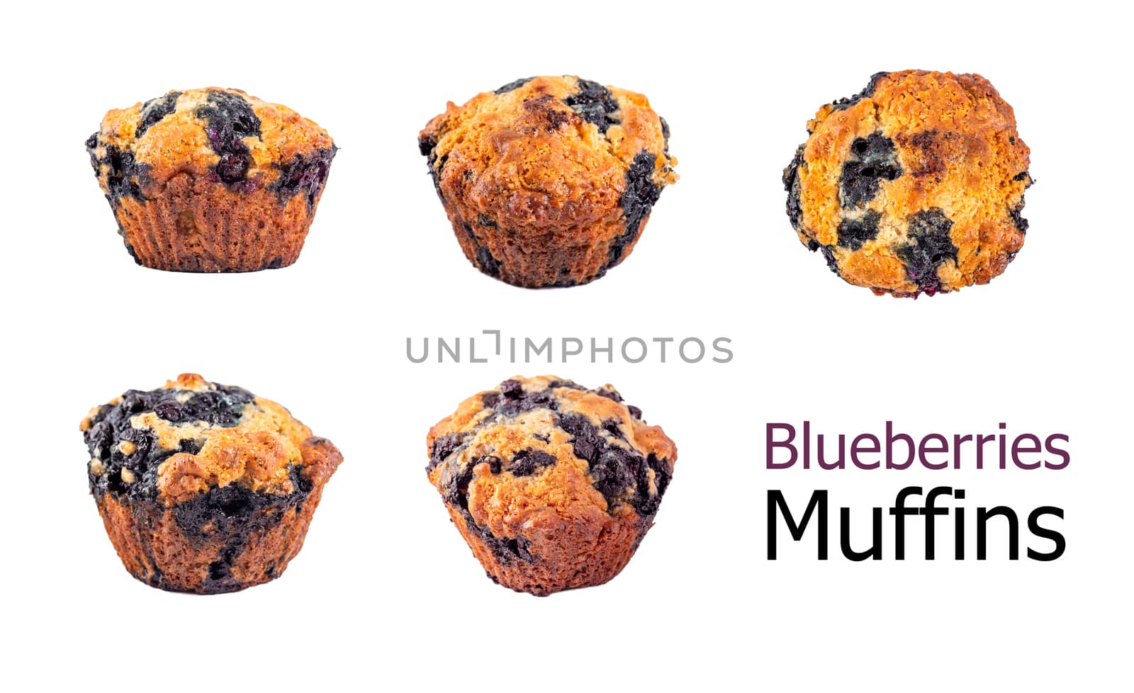 Set of blueberry muffins isolated on white background. Vegetarian egg-free muffins with blue berries isolated with clipping path.